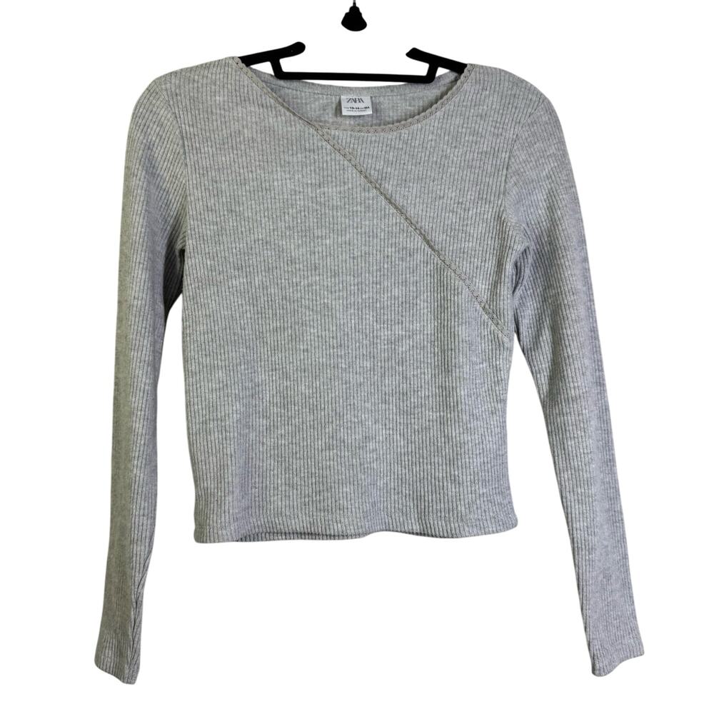 ZARA Blouse 13/14 Long‎ Sleeve Ribbed Faux Wrap Crew Neck T-Shirt Top